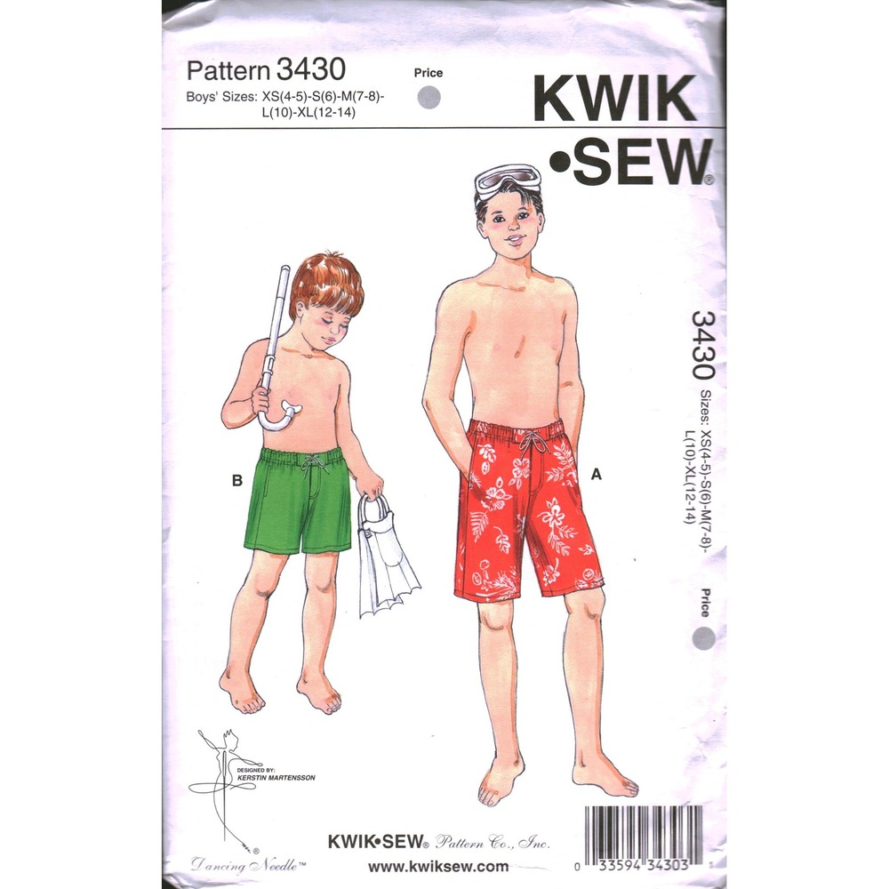 Kwik‎ Sew 3430 Boys Shorts Sewing Pattern Size XS-XL Board Shorts Swim Trunks